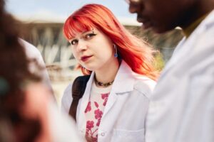 Student with bright hair at university