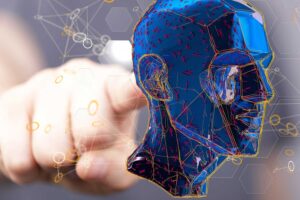 Machine learning concept - hand pointing to a head that represents computer intelligence