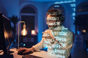 Software engineer with computer code across their face
