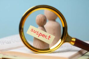 Suspect plagiarism detection concept with magnifying glass and wooden figure