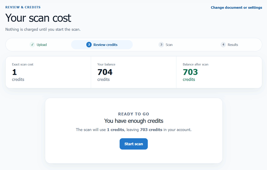 Screen on the AI detector and plagiarism checker that shows how many credits are going to be deducted