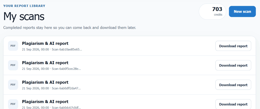 Screenshot of the user account area showing the plagiarism and AI detector reports available for download