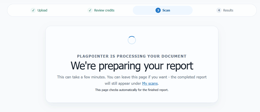 Screenshot of the AI detector and plagiarism scanner preparing the report